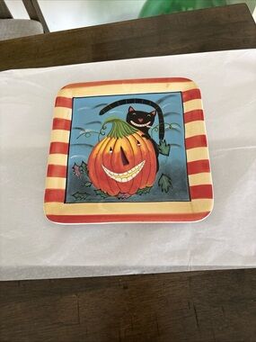 Halloween Black Cat Jack O' Lantern Square Dinner Plate 11" Wendy Bentley
